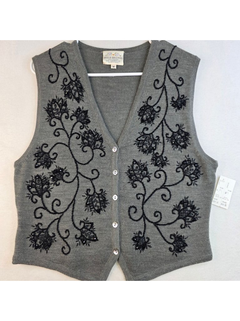 Vintage 90s Susan Bristol Embroidered Sweater Vest Sze M Gray Floral Cottagecore